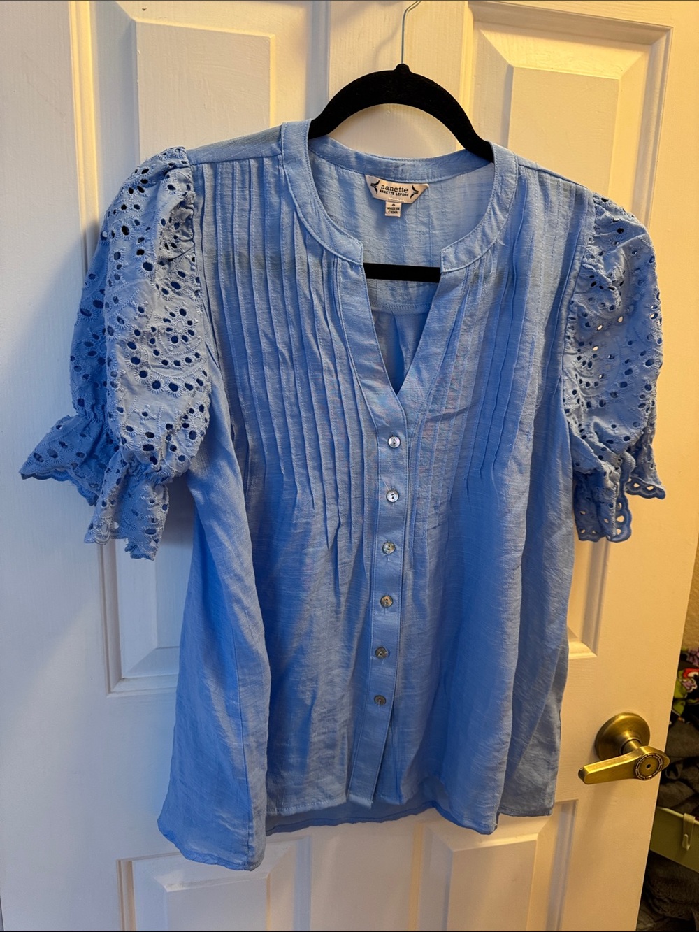 Nanette Lepore Light Blue Pintuck Eyelet Sleeve Blouse